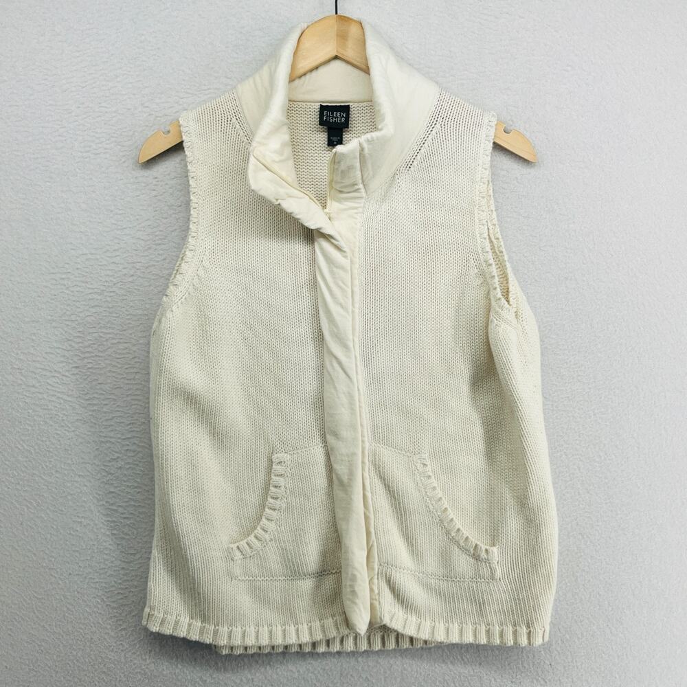 EILEEN FISHER Sweater Vest M Organic Cotton Chunky Full Zip Mock Neck Off White